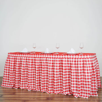 Stylish White/Red Checkered Polyester Table Skirt for Event Décor