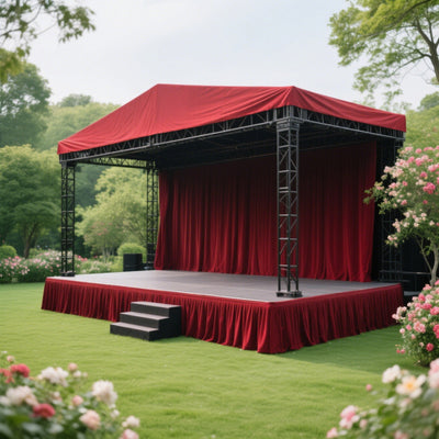 Red outdoor stage with curtains in a garden setting.