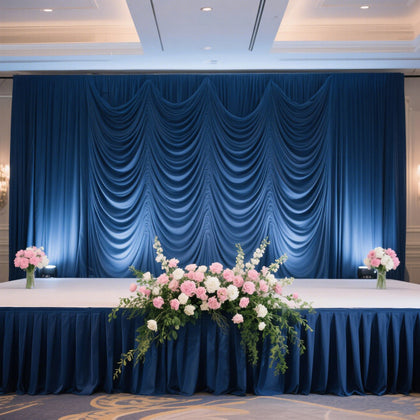 Portable Stage Skirting Polyester Shirred Pleat Stage Cover for Wedding Platform Navy Blue - 24"x20ft