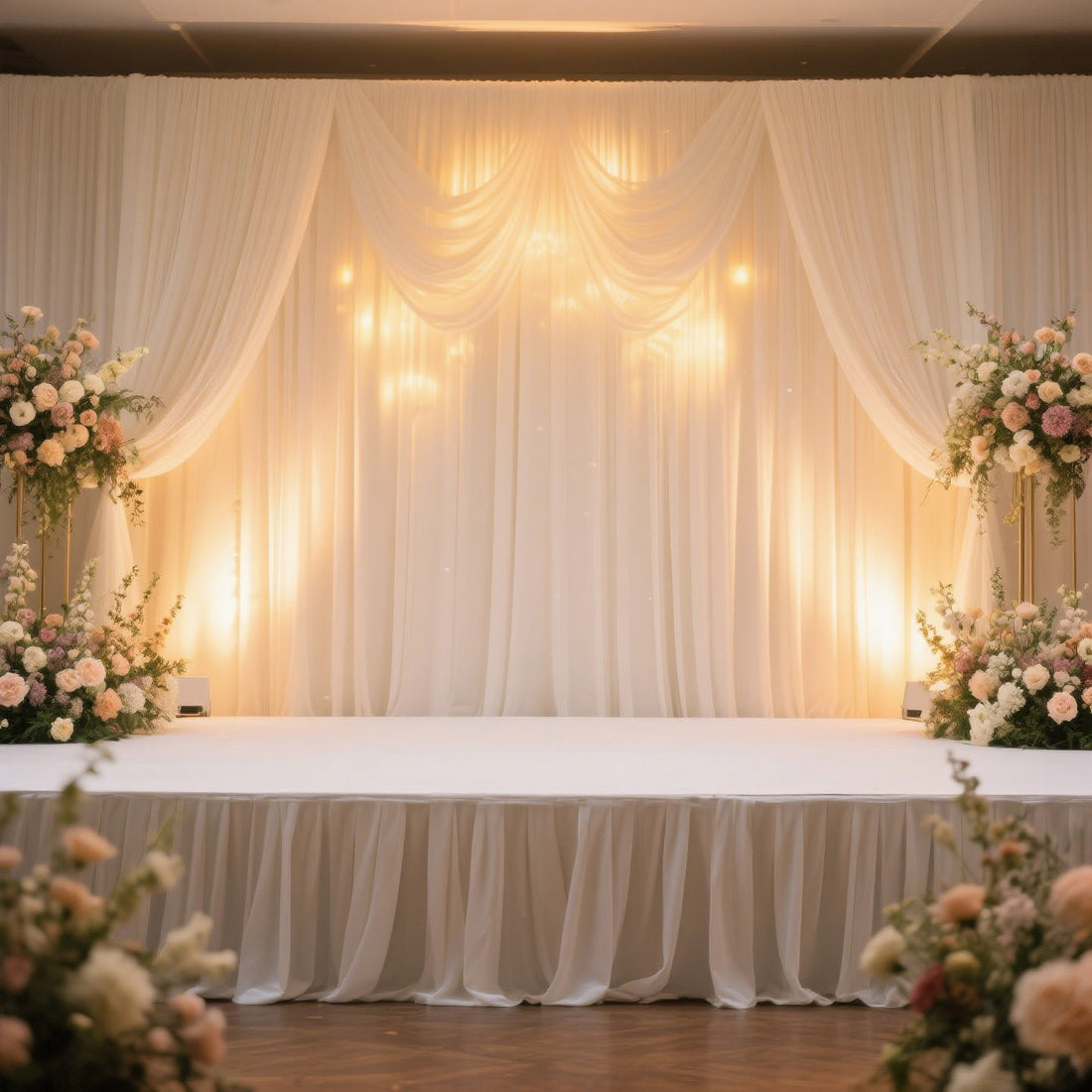 Elegant event stage with draped fabric and floral arrangements.