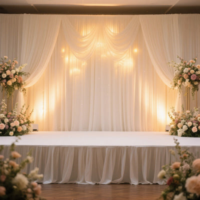Elegant event stage with draped fabric and floral arrangements.