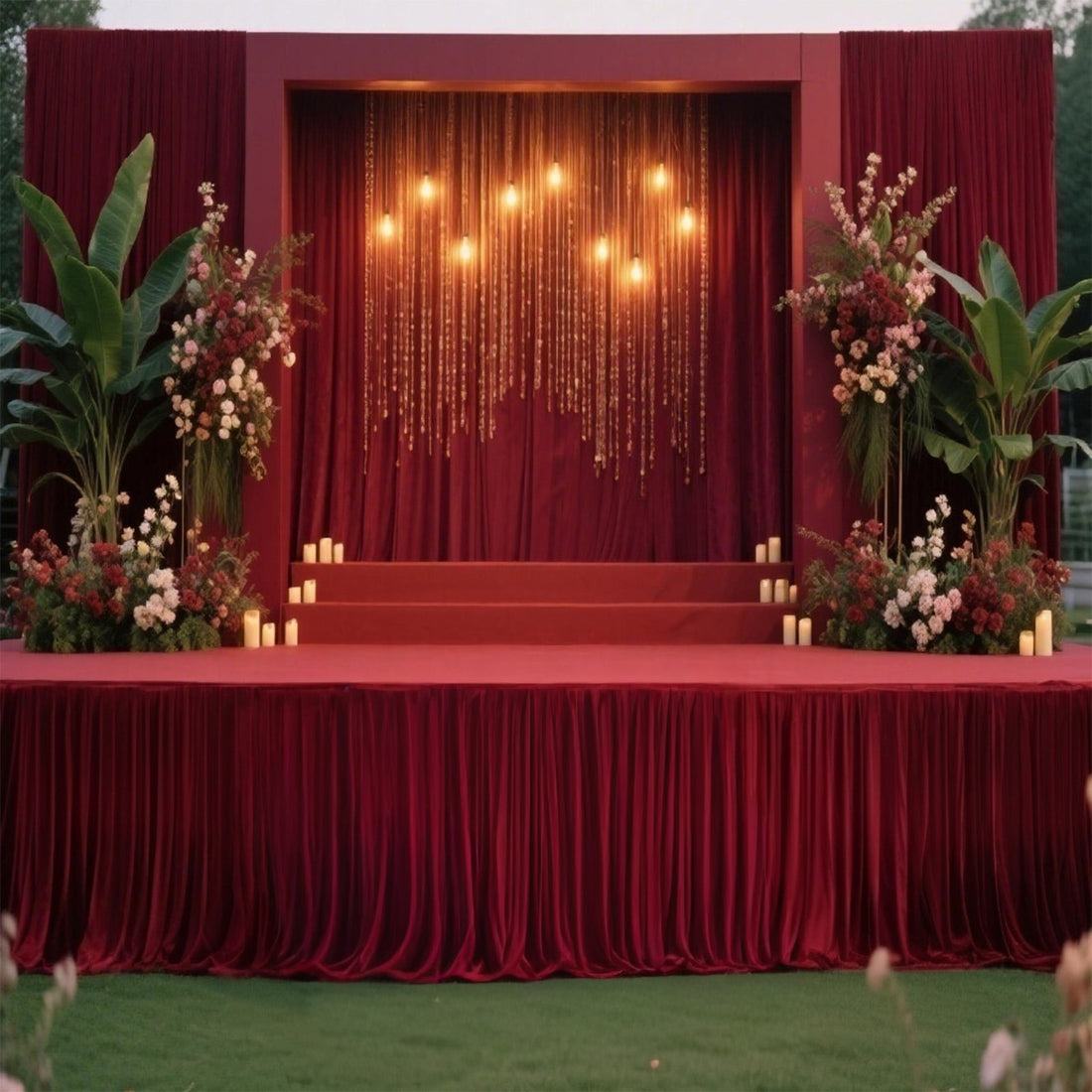 Elegant event stage with red drapery, flowers, and ambient lighting.