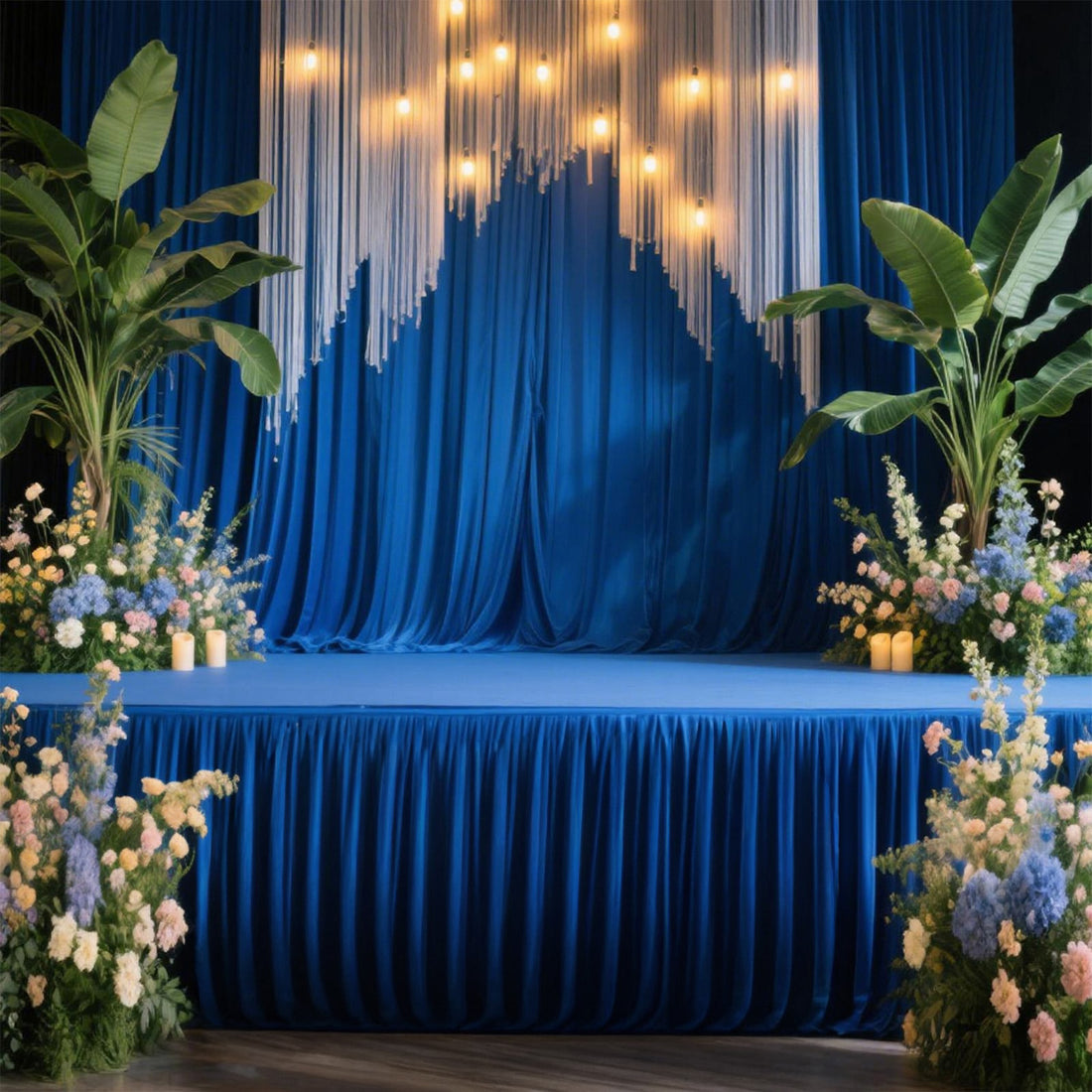 Decorative stage setup with blue drapery, lights, and floral arrangements.