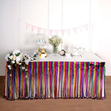 Add a Touch of Vibrant Color to Your Event with the Rainbow Metallic Tinsel Foil Fringe Table Skirt