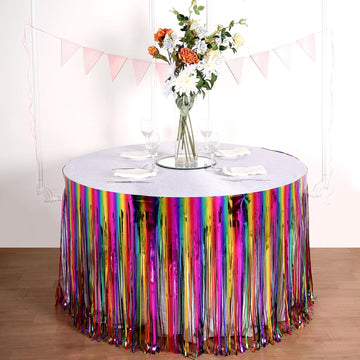 Add a Pop of Color and Charisma to Your Tables with the Rainbow Metallic Tinsel Foil Fringe Table Skirt