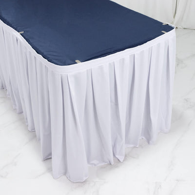 Blue and white banquet table cover with pleated floor-length skirt