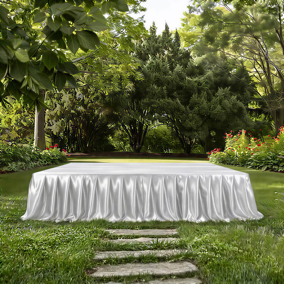 White draped table in lush garden with stone path and greenery