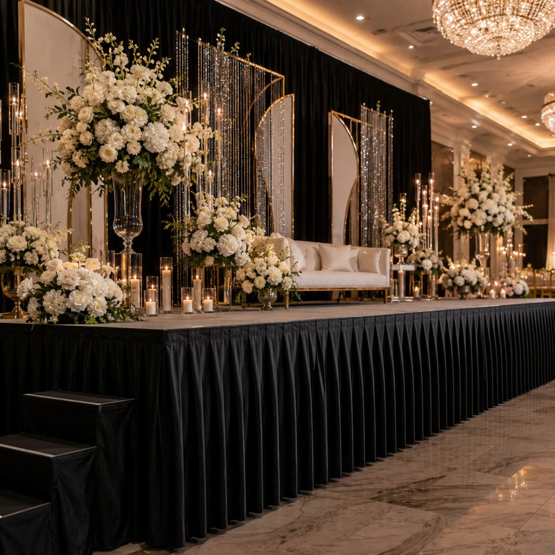 Elegant wedding stage with white floral arrangements, candles, and chandelier lighting