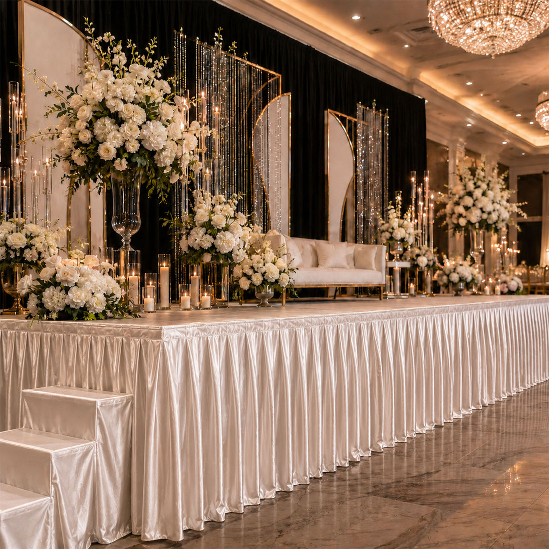 Elegant wedding stage with white floral arrangements and luxury ballroom decor
