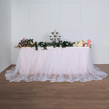 Blush White Extra Long Two Layered Tulle and Satin Table Skirt 48" 14ft