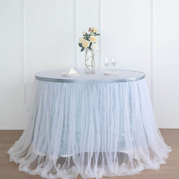 Create Unforgettable Memories with the Dusty Blue / White Two Layered Tulle and Satin Table Skirt