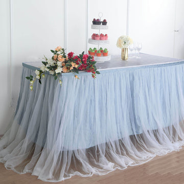 Experience Luxury with the Dusty Blue / White Two Layered Tulle and Satin Table Skirt
