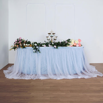Add Elegance to Your Event with the Dusty Blue / White Two Layered Tulle and Satin Table Skirt