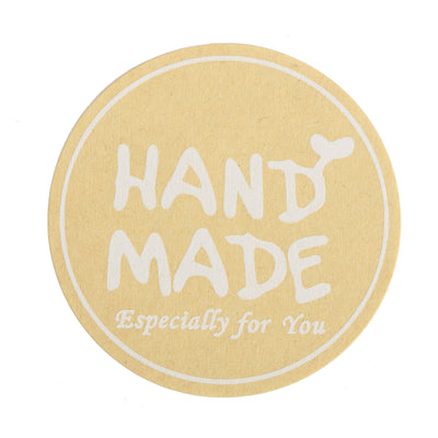 Handmade label in yellow with white text, "HAND MADE Especially for You"