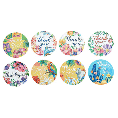 Colorful thank you stickers with floral designs, perfect for gifts and crafts.