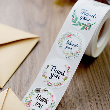 500pcs Thank You Black Print and Floral Design Stickers Roll