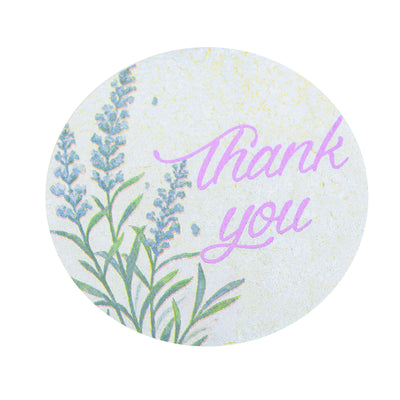 Thank you sticker with lavender design on a textured background
