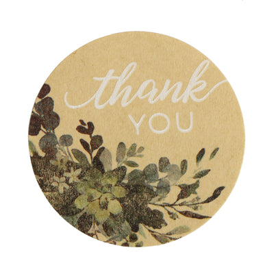 Thank you sticker with floral design on a beige background