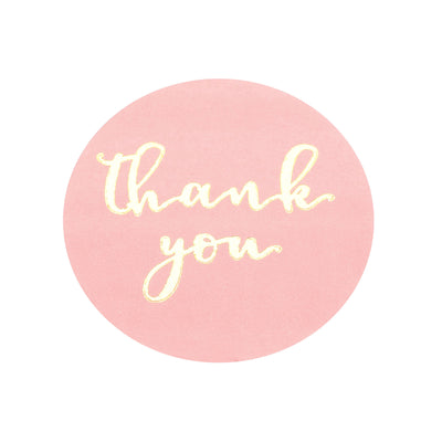 Pink "Thank You" sticker with gold lettering