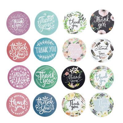 Assorted thank you stickers in various colors and designs