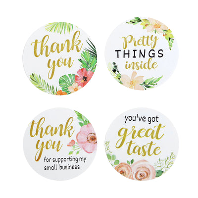 Colorful thank you stickers with floral designs and positive messages