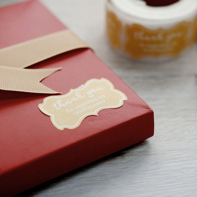 Red gift box with a thank you label for supporting small business.