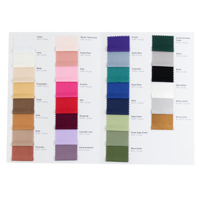 Fabric swatches in various colors including blush, navy, and emerald green on white backdrop