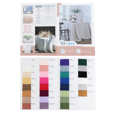 TCF Linen fabric swatch booklet showcasing various tablecloth colors and styles.