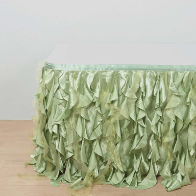 Green ruffled table skirt with satin finish, perfect for events and decorations.