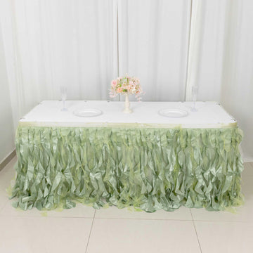 Elegant Sage Green Curly Willow Taffeta Table Skirt - Perfect for Event Decor