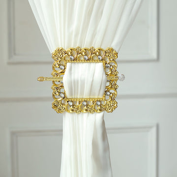 Set of 2 Gold Barrette Style Acrylic Crystal Curtain Tie Backs, Square Backdrop Drapery Diamond Brooch Holdbacks 7"