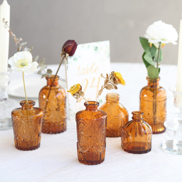 Set of 6 Vintage Embossed Amber Gold Glass Bud Vases, Decorative Apothecary Style Reed Diffuser Table Centerpieces