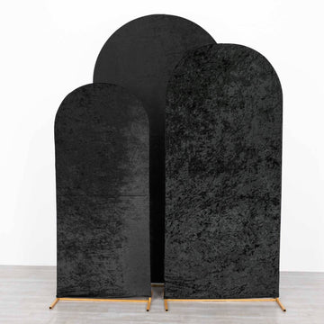 Set of 3 Black Crushed Velvet Chiara Wedding Arch Covers For Round Top Backdrop Stands 5ft, 6ft, 7ft
