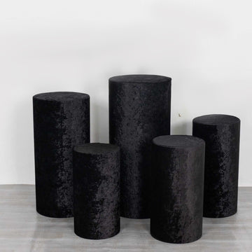 Set of 5 Black Crushed Velvet Cylinder Plinth Display Box Stand Covers, Premium Pedestal Pillar Prop Covers