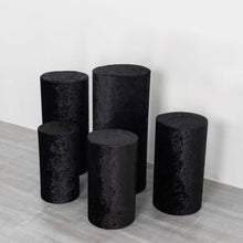 Set of 5 Black Crushed Velvet Cylinder Plinth Display Box Stand Covers, Premium Pedestal Pillar Prop