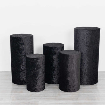 Elevate Your Event Decor with Black Crushed Velvet Cylinder Plinth Display Box Stand Covers