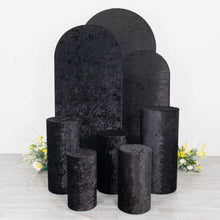 Set of 5 Black Crushed Velvet Cylinder Plinth Display Box Stand Covers, Premium Pedestal Pillar Prop