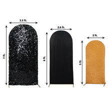 Set Of 3 Shimmer Tinsel And Matte Spandex Black And Gold Round Arch Covers With Big Payette Sequins