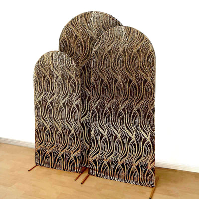 Decorative arched room dividers with a wavy pattern in brown and gold tones.
