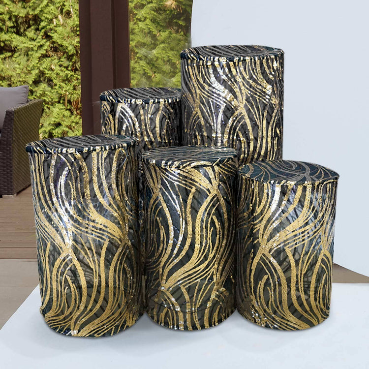Set of 5 Black Gold Wave Mesh Cylinder Display Box Stand Covers With Embroidered Sequins