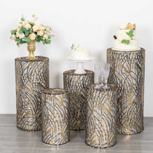 Set of 5 Black Gold Wave Mesh Cylinder Display Box Stand Covers With Embroidered Sequins