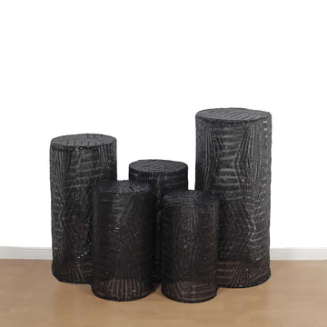 Add Elegance to Your Event with Black Sequin Mesh Cylinder Display Box Stand Covers
