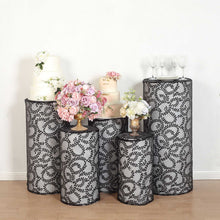 Set of 5 Black Sequin Mesh Cylinder Display Box Stand Covers with Leaf Vine Embroidery