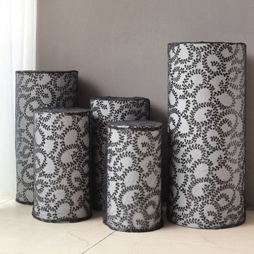 Set of 5 Black Sequin Mesh Cylinder Display Box Stand Covers with Leaf Vine Embroidery, Sparkly Sheer Tulle Pedestal Pillar Prop Covers