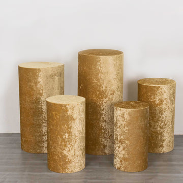 Set of 5 Champagne Crushed Velvet Cylinder Plinth Display Box Stand Covers, Premium Pedestal Pillar Prop Covers