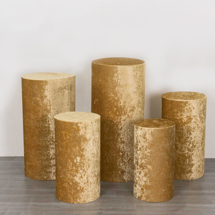 Set of 5 Champagne Crushed Velvet Cylinder Plinth Display Box Stand Covers, Premium Pedestal Pillar 