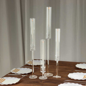 Set of 4 Clear Acrylic Taper Candlestick Holders, Hurricane Candle Stands With Tall Chimney Tube Candle Shades - 14",18",22",26"