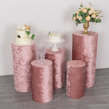 Set of 5 Dusty Rose Crushed Velvet Cylinder Plinth Display Box Stand Covers, Premium Pedestal Pillar