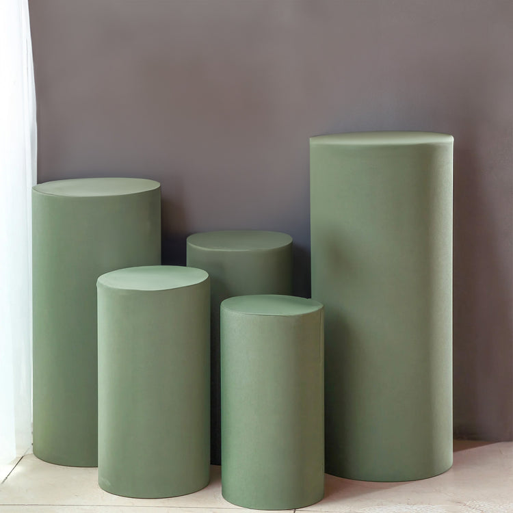 Set of 5 Eucalyptus Sage Green Spandex Cylinder Plinth Display Box Stand Covers