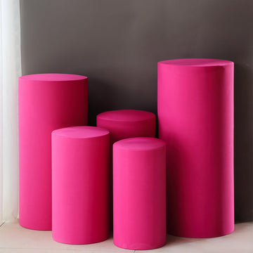 Set of 5 Fuchsia Spandex Cylinder Plinth Display Box Stand Covers, Stretchable Pedestal Pillar Prop Covers 160 GSM